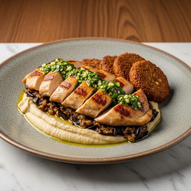 Paleo Turkish Grilled Chicken with Zesty Garlic Lemon Sauce & Eggplant Puree (Müzlu Yarpağı Yenilikçi Kebapı ve Tahini Mücveriyle)